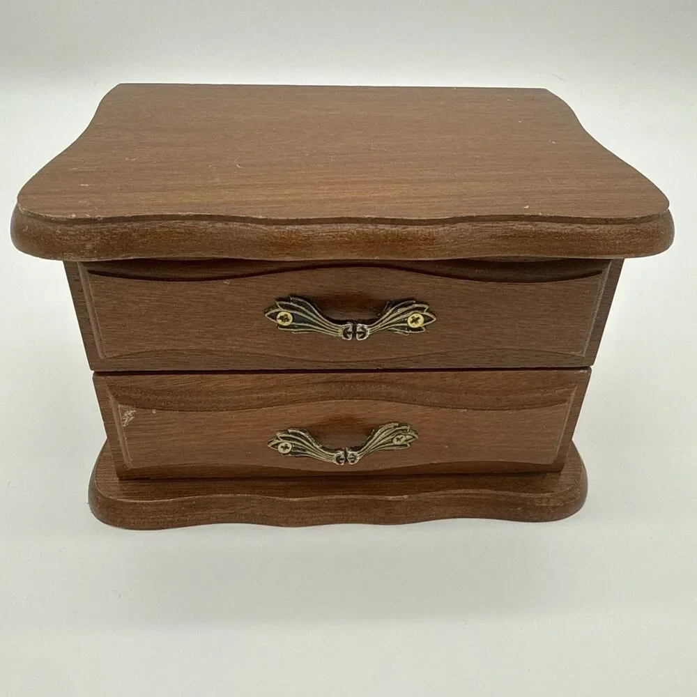 Vintage Wooden Mini Jewelry Box Drawer Flip Top Storage Felt Lined